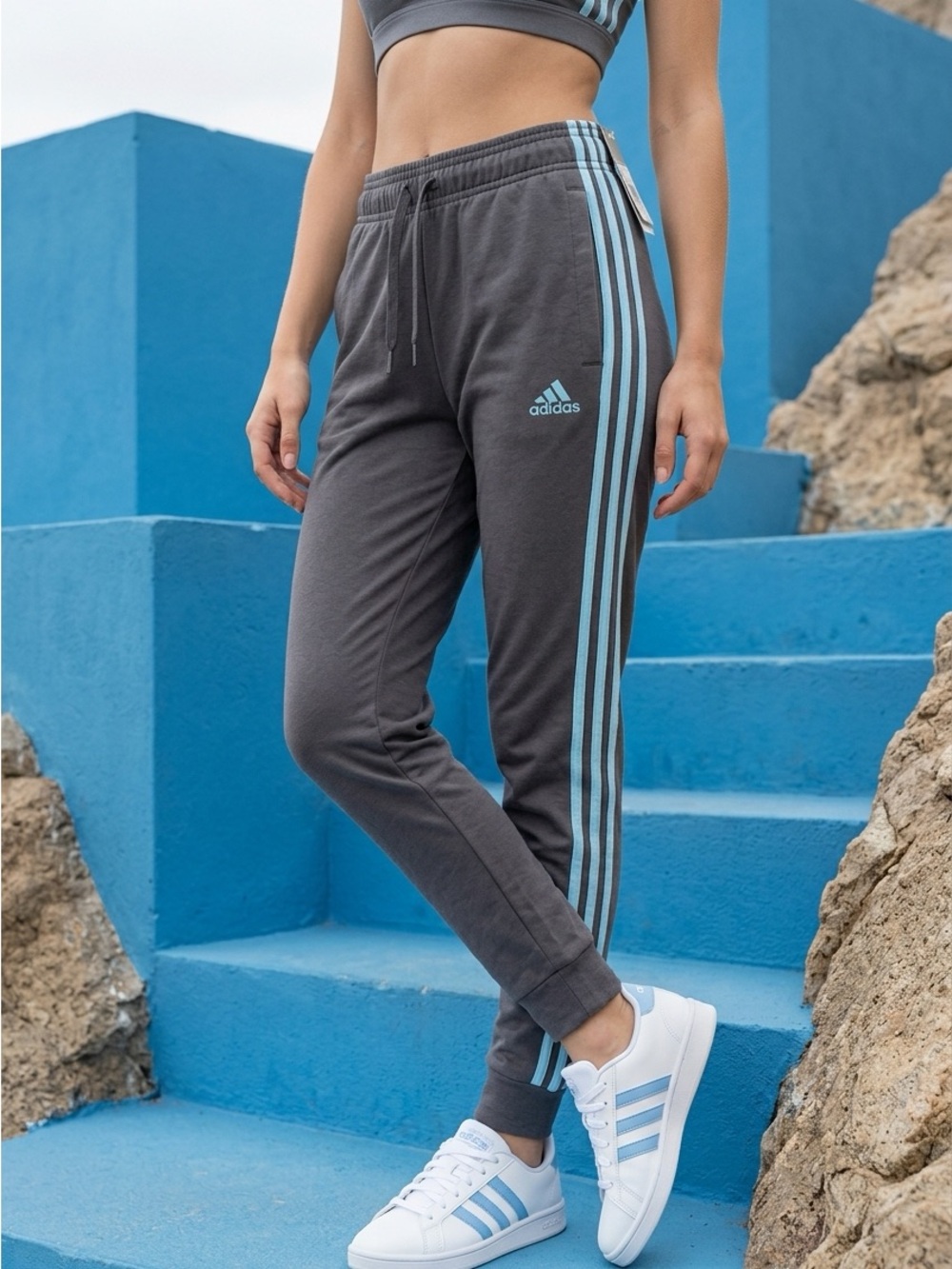 NWT ✨🏷️ adidas Charcoal Joggers with Light Blue Stripes